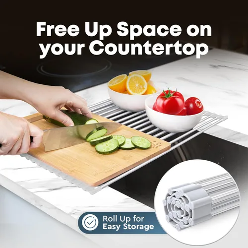 Miniatura 4 de Zulay Kitchen Escurridor de platos sobre el fregadero, diseño de acero inoxidable resistente enrollable para un fácil almacenamiento y durabilidad.