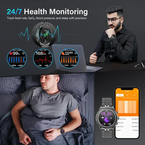 Miniatura 5 de Reloj inteligente con bisel giratorio 2026 para hombre con llamada Bluetooth, frecuencia cardíaca, presión arterial, SpO2, monitor de sueño, reloj