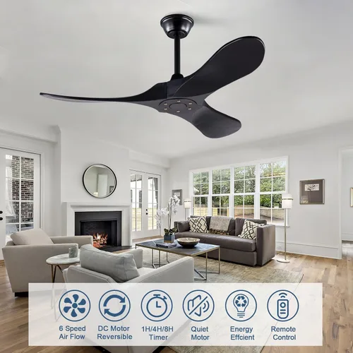 Miniatura 6 de Ventilador de techo de 42 pulgadas de madera maciza con control remoto, ventilador de techo negro sin luz, 6 velocidades, silencioso, motor CC