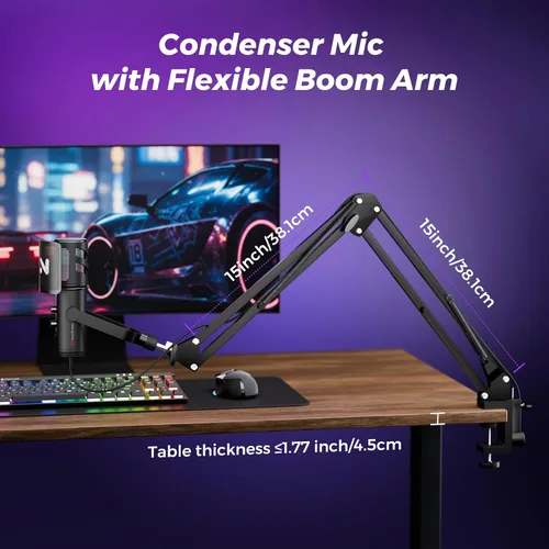Miniatura 6 de NearStream Micrófono RGB para juegos para PC con cancelación de ruido/monitor/silencio/ganancia/filtro pop extraíble, micrófono de condensador USB