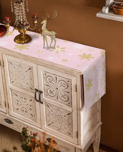 Miniatura 4 de Camino de mesa de copo de nieve rosa rubor, lino de algodón, bufandas de tocador de vacaciones de 36 pulgadas, diseño romántico de feliz Navidad