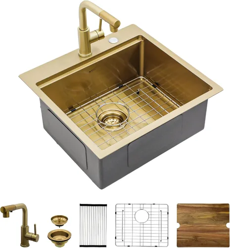 Miniatura 28 de Fregadero de cocina de 25 pulgadas, fregadero de un solo cuenco, color negro mate, calibre 18, 25 x 22 pulgadas, acero inoxidable, montaje superior