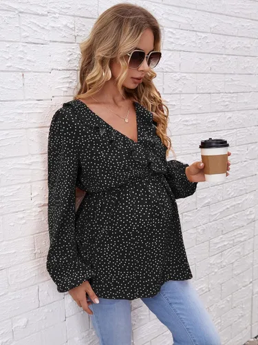 Miniatura 4 de OYOANGLE Blusa de maternidad con cuello en V y manga larga con volantes para embarazo