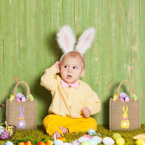 Miniatura 3 de 3 bolsas de arpillera de Pascua, cesta de Pascua de conejo, artículos esenciales de búsqueda de huevos de primavera, bolsa de regalo para niños
