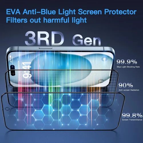 Miniatura 2 de Uyiton Protector de pantalla anti-luz azul para iPhone 15, protector de pantalla de vidrio irrompible de cobertura completa, resistente a