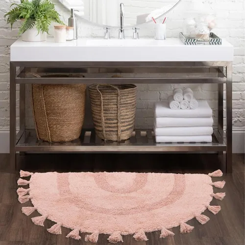 Miniatura 7 de Alfombras de baño bohemias de medio círculo con borlas, alfombra de baño tejida a mano 100% algodón, antideslizante, absorbente, con almohadilla