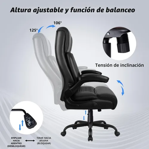 Miniatura 6 de Silla de Oficina Grande y Alta, Silla Ergonómica de Cuero para Escritorio de Computadora de Oficina, Silla de Oficina Resistente Negra