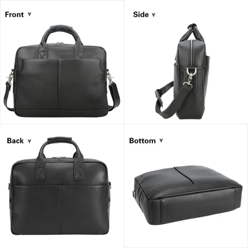 Miniatura 8 de Maletín de cuero genuino de grano completo para hombre de 16 pulgadas, bolsa de mensajero con cremalleras YKK (negro)