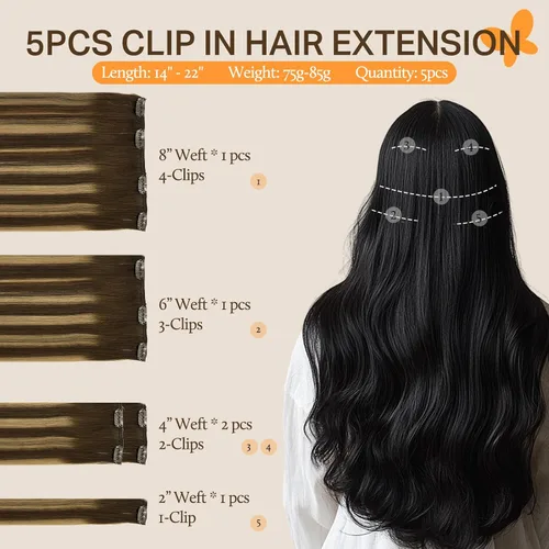 Miniatura 2 de DOORES Extensiones de cabello humano con clip, de 18 pulgadas, balayage, color marrón chocolate a rubio caramelo, 5 unidades, 2.82 oz, extensiones