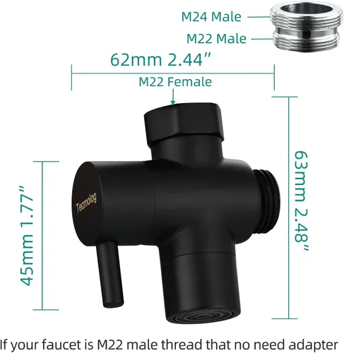 Miniatura 5 de Tecmolog Válvula desviadora de grifo de latón con aireador y adaptador roscado macho M22 a M24, divisor desviador de fregadero de 3 vías negro