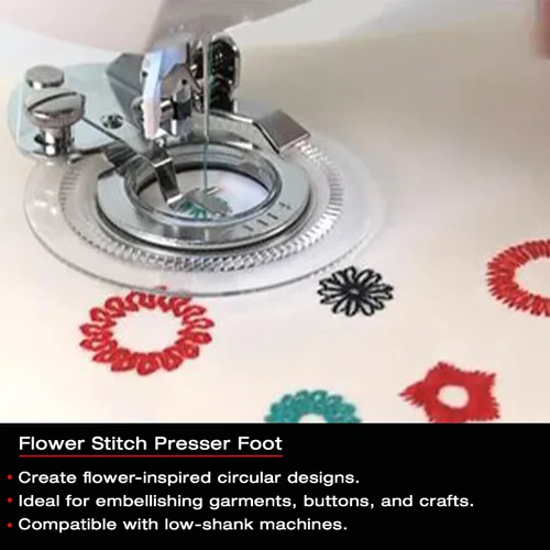Miniatura 3 de SINGER Pie prensatelas de punto de flor Crea un diseño de círculo similar a una flor Perfecto para apliques, botones cubiertos y adornos de tela