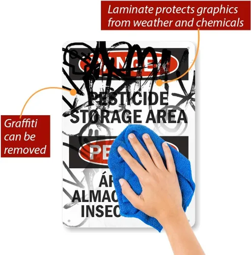 Miniatura 5 de SmartSign Letrero bilingüe "Peligro - Área de almacenamiento de pesticidas" Aluminio de 10" x 14