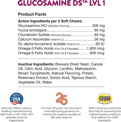 Miniatura 8 de NaturVet Glucosamina DS Nivel 1 Mantenimiento, Suplemento de apoyo para el cuidado de las articulaciones para perros y gatos, masticables suaves