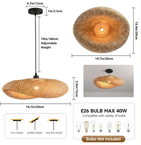Miniatura 6 de lámpara colgante de bambú de 19.7 pulgadas estilo granja con enrejado de ratán para comedor, luces boho, accesorio de iluminación para isla