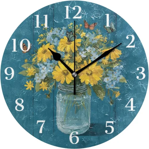 Miniatura 25 de Reloj de pared de amapola de maíz con flores azules, silencioso, sin tictac, funciona con pilas, 9.5 pulgadas para cocina, hogar, sala de estar