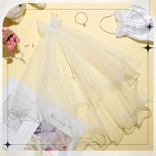 Miniatura 2 de Juego de 5 accesorios para la primera comunión para niñas, incluye lazo y dije colgante con velo en peine para el cabello, bolso de flores de satén