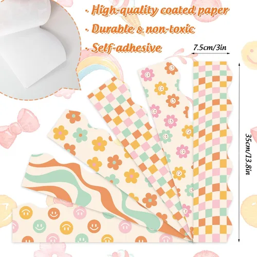 Miniatura 2 de Whaline Bordes retro Groovy de los años 70 para tablón de anuncios de 82 pies, diseño de cara de flores pastel a cuadros, borde bohemio