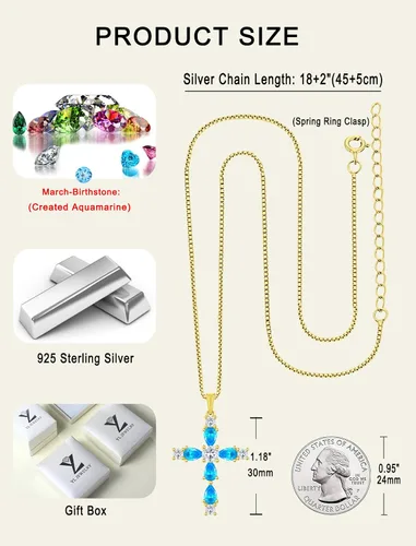 Miniatura 76 de YL Collar de cruz de plata de ley 925 con colgante de piedra natal religiosa para mujer