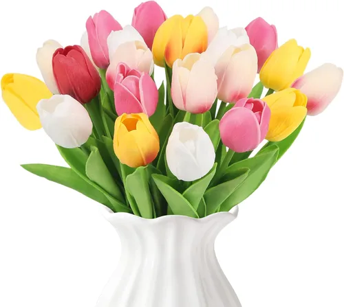 IPOPU 24 tulipanes artificiales de tacto real para decoración, tulipanes falsos, arreglos florales, tulipanes artificiales sintéticos, decoración
