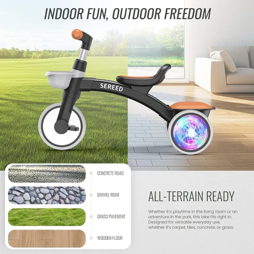 Miniatura 9 de SEREED Triciclo para niños con iluminación colorida para niños de 2 a 5 años, triciclo con asiento y manillar ajustables, cesta extraíble, idea