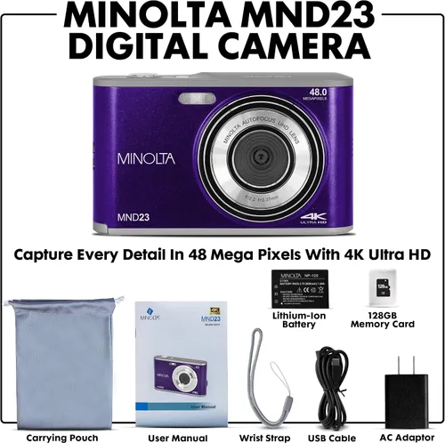 Miniatura 2 de Minolta Cámara digital de 48 MP con lente trasera para selfie, video 4K Ultra HD, pantalla LCD de 2.8 pulgadas, zoom digital 16X, enfoque Púrpura