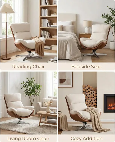 Miniatura 7 de LukeAlon Silla giratoria de sherpa, silla decorativa tapizada con respaldo alto con base de metal, cómoda silla reclinable moderna para sala