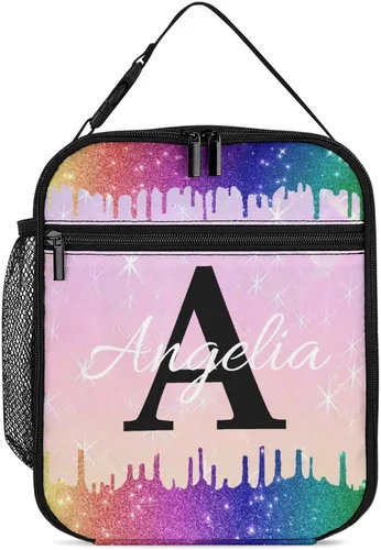 Miniatura 19 de Bolsa de almuerzo con nombre personalizado para hombres y mujeres, con monograma de purpurina azul, hielera, portátil, con nombre, para niñas, azul