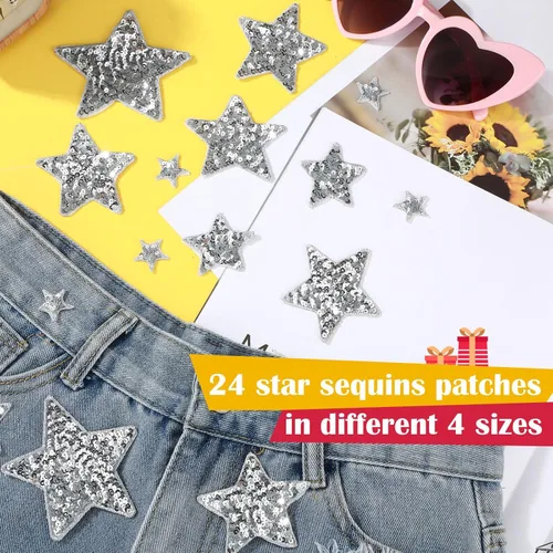 Miniatura 4 de Daifunli 24 Parches de Lentejuelas para Planchar de 4 Parches Decorativos Bordados Brillantes para Ropa, Bolsos, Chaquetas, Jeans, Sombreros