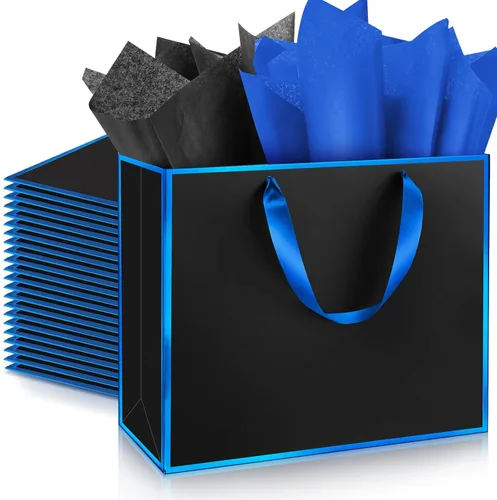 Miniatura 30 de ReliThick Paquete de 12 bolsas de regalo de papel metálico con asas y papel de seda de 11.8 x 10 x 4 pulgadas, bolsa de agradecimiento para Azul