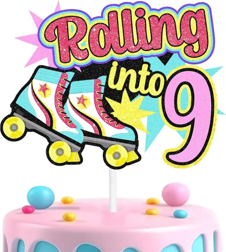 Miniatura 10 de Decoraciones retro para tartas de patinaje sobre ruedas para cumpleaños de 7 años, decoraciones enrollables, fiesta de cumpleaños de niños y niñas