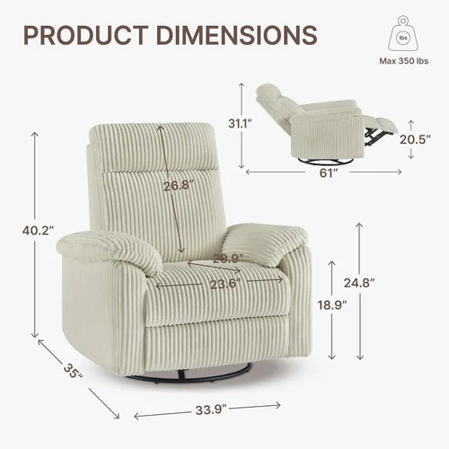 Miniatura 2 de KISLOT Mecedora reclinable giratoria para adultos, de pana giratoria de 360 grados, manual de 3 posiciones, ajustable, fácil montaje para espacios