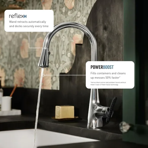 Miniatura 4 de Moen grifo de cocina desplegable de cromo elegante con rociador retráctil con potencia mejorada, grifo de cocina moderno de arco alto, instalación