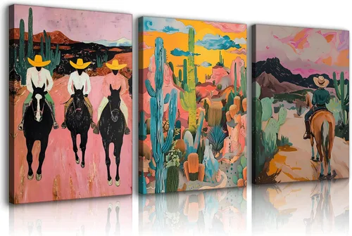 3 piezas de lienzo de vaquero occidental, arte de pared abstracto de vaquero desierto de cactus, cuadros vintage del suroeste salvaje, impresiones