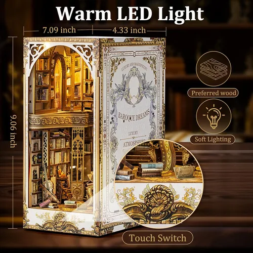 Miniatura 2 de Kit de rincón de libros de bricolaje, diorama de sujetalibros con LED, rompecabezas de madera 3D, kits de casa en miniatura para bricolaje