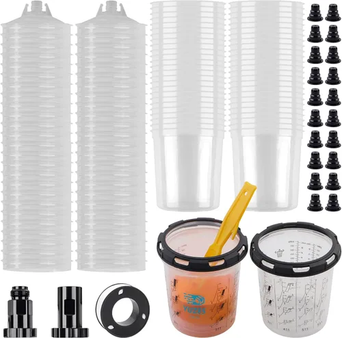 YUZES 50 vasos de pintura desechables con tapas (20 onzas, 190 micrones), 2 tazas de mezcla de pintura con proporción, 2 adaptadores de taza de