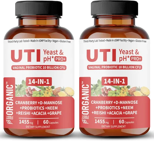 UTI Levadura y pH Pro+ | Paquete de 2 | Hidratación femenina diaria y apoyo de equilibrio con arándano, D-manosa, aloe, hibisco | Probado por