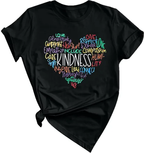 MOUSYA Camiseta gráfica de bondad para mujer, lindas camisetas gráficas con texto en inglés "Be Kind", camiseta con letras inspiradoras para