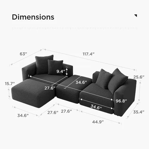 Miniatura 3 de Acanva - Sofá seccional modular convertible en forma de L de corduroy, sofá de esquina de 4 plazas con combinación libre, convertible a cama diurna