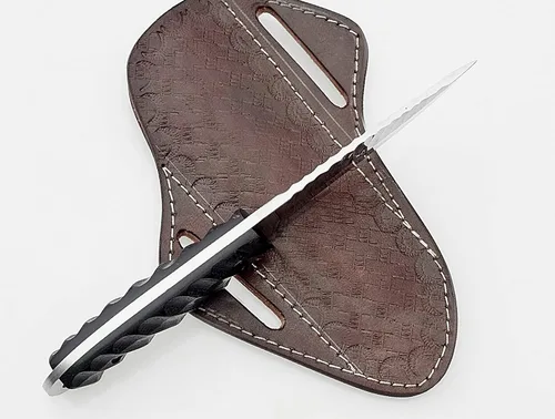 Miniatura 6 de Cuchillo de caza hecho a mano de acero de alto carbono con mango de micarta negro y funda de cuero - Herramienta de campamento y supervivencia