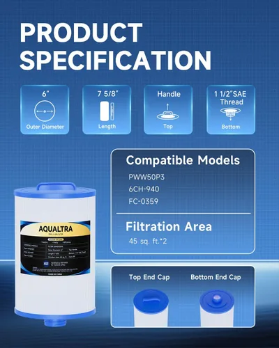 Miniatura 3 de AQUALTRA Filtro de spa compatible con PWW50P3 (rosca gruesa de 1 1/2 pulgadas), 6CH-940, FC-0359, Waterways 817-0050, 7 5/8 pulgadas x 6 pulgadas