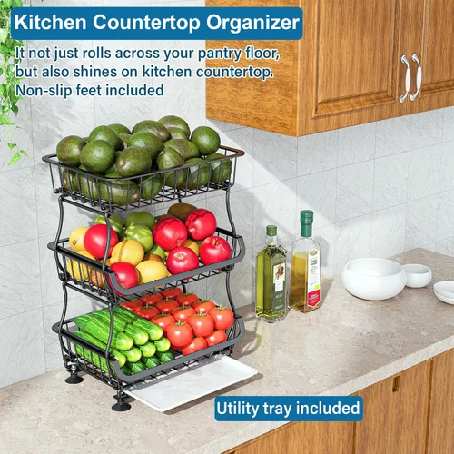 Miniatura 9 de OKZEST Organizador de piso de despensa rodante de 3 niveles y carrito de almacenamiento con ruedas, cestas apilables de despensa de alambre