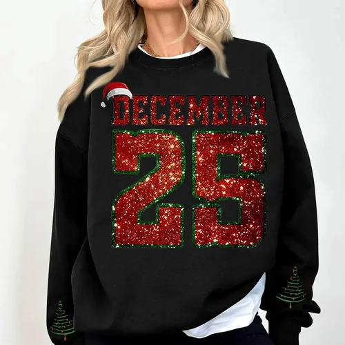 Miniatura 2 de Sudaderas navideñas para mujer, camisetas divertidas festivas del 25 de diciembre, letras con purpurina de moda, tallas S-3XL