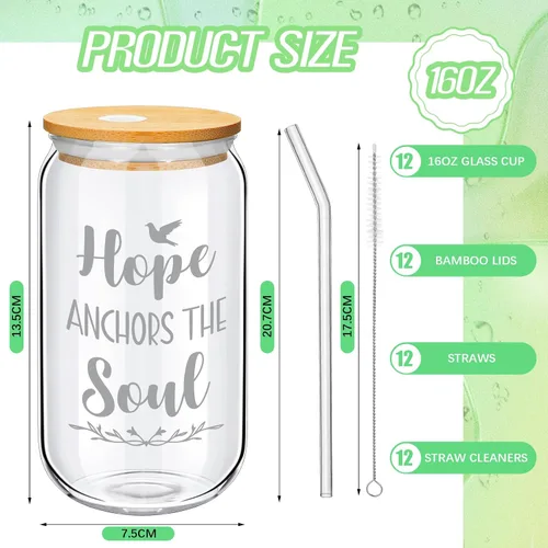 Miniatura 2 de 12 tazas de vidrio cristiano de 16 onzas con tapas y pajitas de bambú, tazas inspiradoras con versículos de la Biblia para hombres, tazas de té