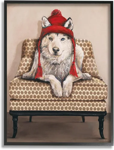 Stupell Industries Silla de sala de estar con sombrero rojo Husky de invierno, diseñada por Kamdon Kreations, arte de pared enmarcado negro, 11 x 14