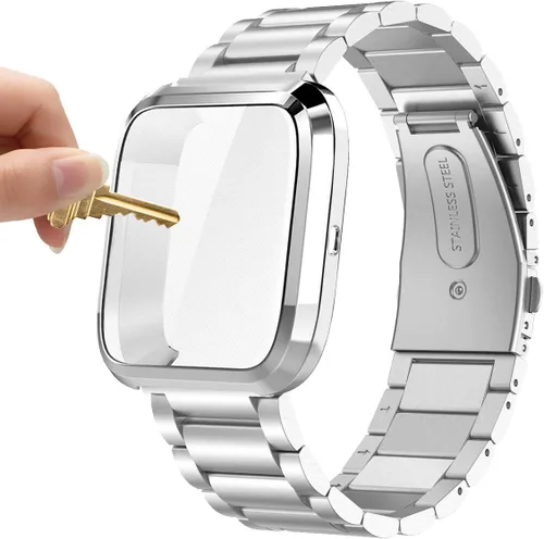 Miniatura 10 de Maxjoy Compatible con Fitbit Versa Bands, Versa 2 banda de metal grande de acero inoxidable pulsera con funda protectora para hombres y mujeres