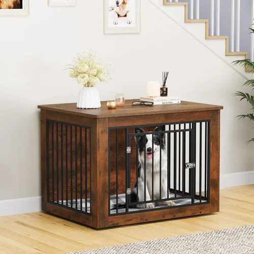 Miniatura 8 de YITAHOME Mueble de jaula para perros grandes, mesa auxiliar lateral, perrera moderna para perros de interior de hasta 60 libras, jaula de fusión