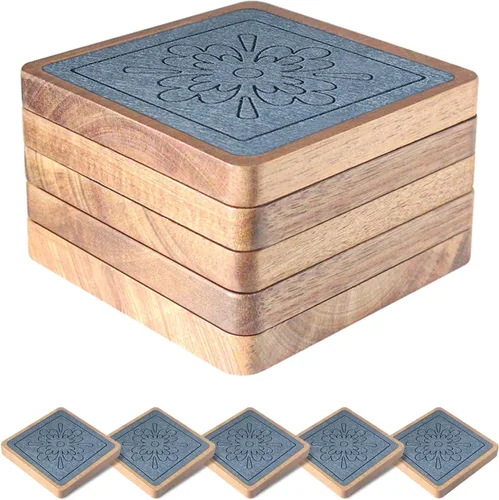 Miniatura 13 de Posavasos de madera para bebidas, juego de 5 posavasos absorbentes, posavasos para bebidas para protección de mesa de café, antideslizantes