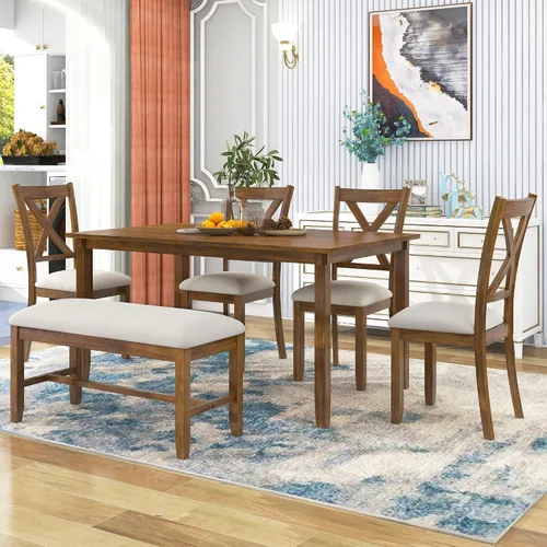 Miniatura 2 de Harper & Bright Designs Juego de mesa de comedor de 6 piezas, juego de mesa de comedor con mesa de comedor rectangular de madera, 4 sillas