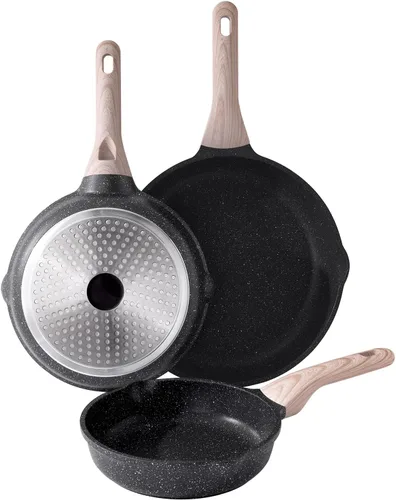 Kordisen Juego de sartén antiadherente, juego de 3 sartenes, sartén de cocina de inducción saludable, mango de enfriamiento constante, compatible