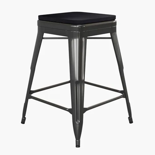 Flash Furniture Kai Taburete de grado comercial para interiores y exteriores, marco de metal negro, asiento de poliresina negra, 24 pulgadas de
